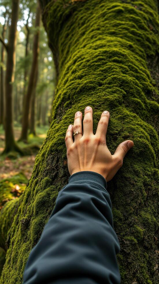 A person's hand reaching up to touch a tree photo