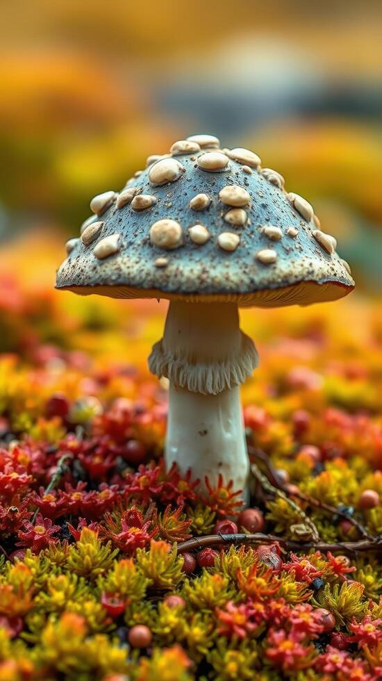 A mushroom is sitting on top of a moss covered field photo