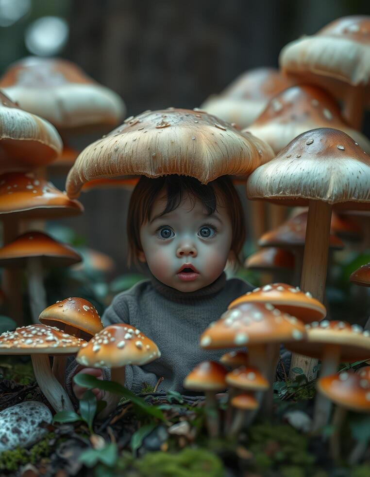 A baby is surrounded by mushrooms photo