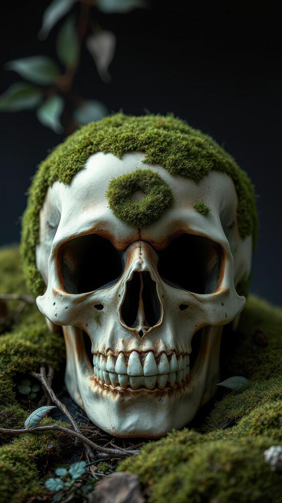 Skull with moss on it in a forest photo