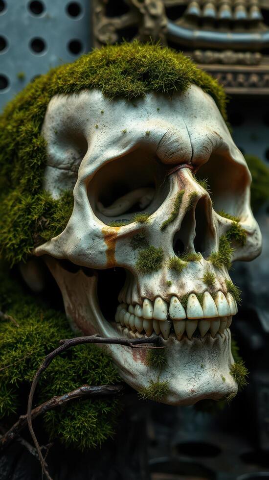 A skull with moss growing on it photo