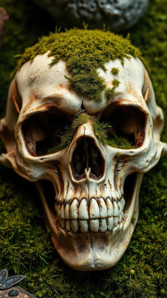 A skull with moss growing on it photo