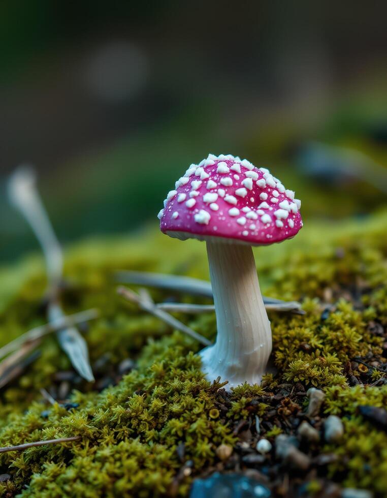 A small pink mushroom is sitting on top of a mossy ground photo