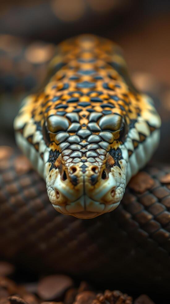A close up of a snake's head with its eyes open photo