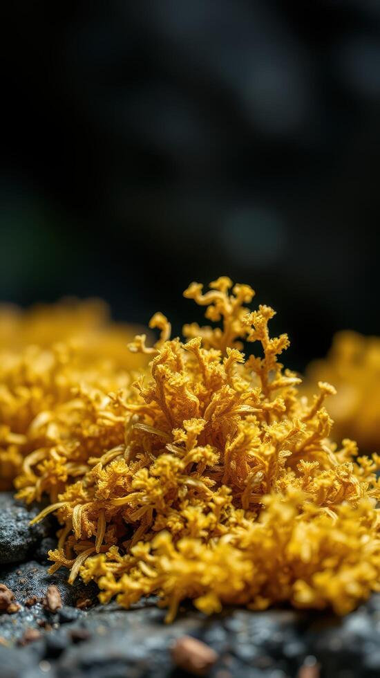 A close up of a yellow fungus on a rock photo