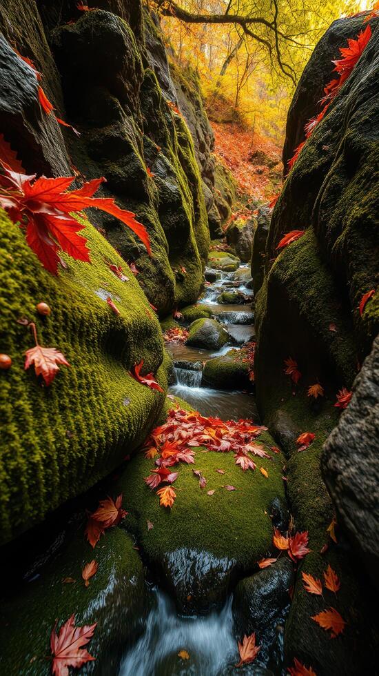 A stream flowing through a rocky area with red leaves photo
