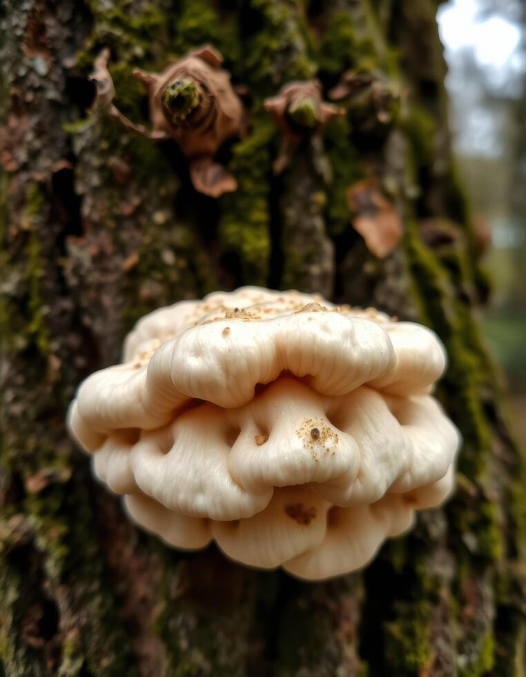 A mushroom growing on a tree trunk photo