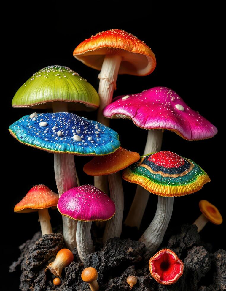 A group of colorful mushrooms on a rock photo