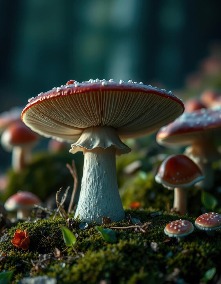 A group of red and white mushrooms on a mossy forest floor photo
