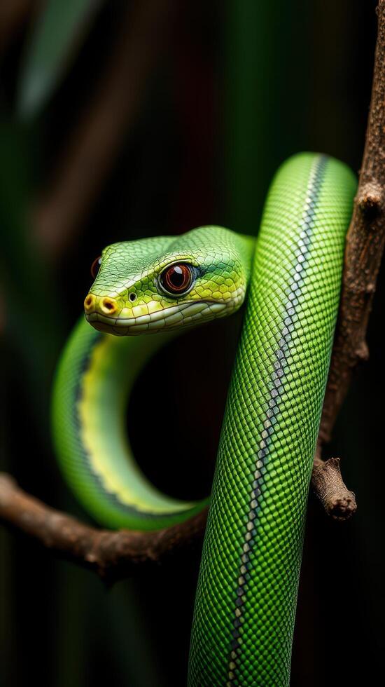 A green snake with a yellow stripe on its head photo