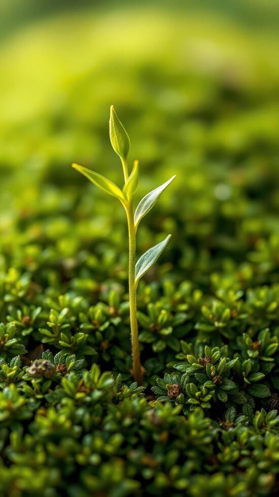 A small plant growing out of a green mossy surface photo