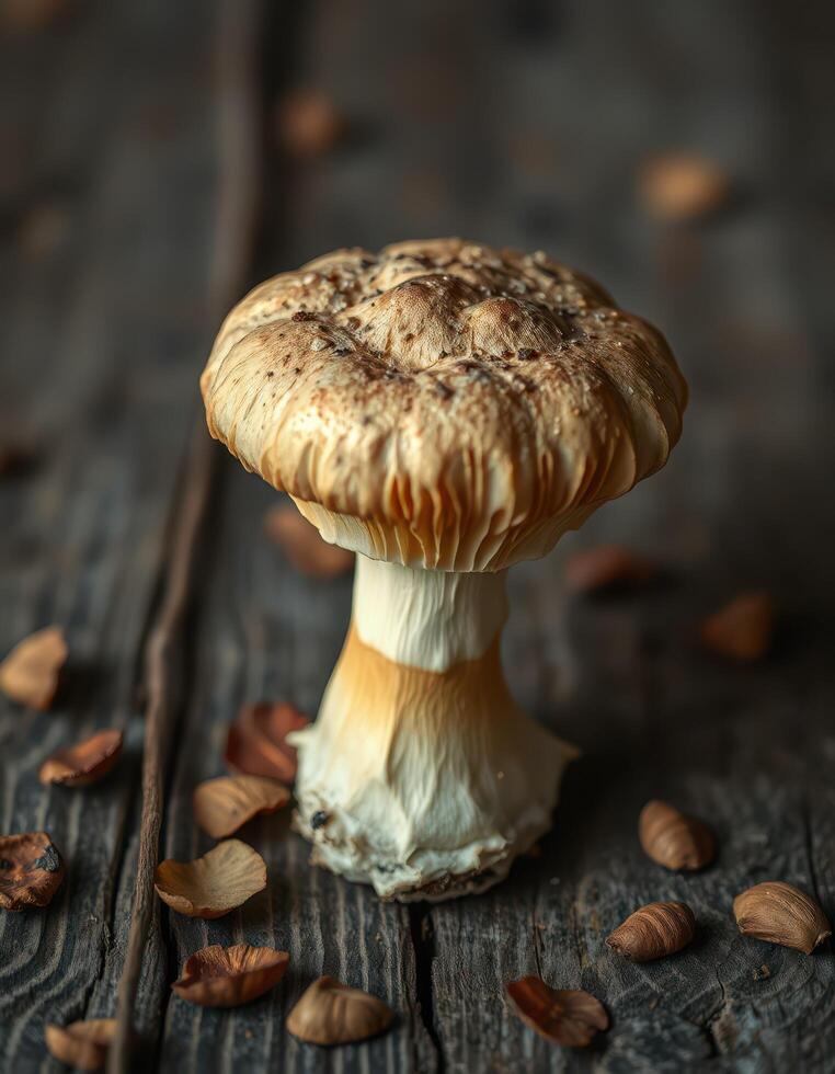 A mushroom on a wooden table photo