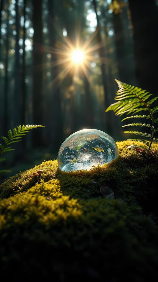 A glass ball sits on top of a moss covered forest photo