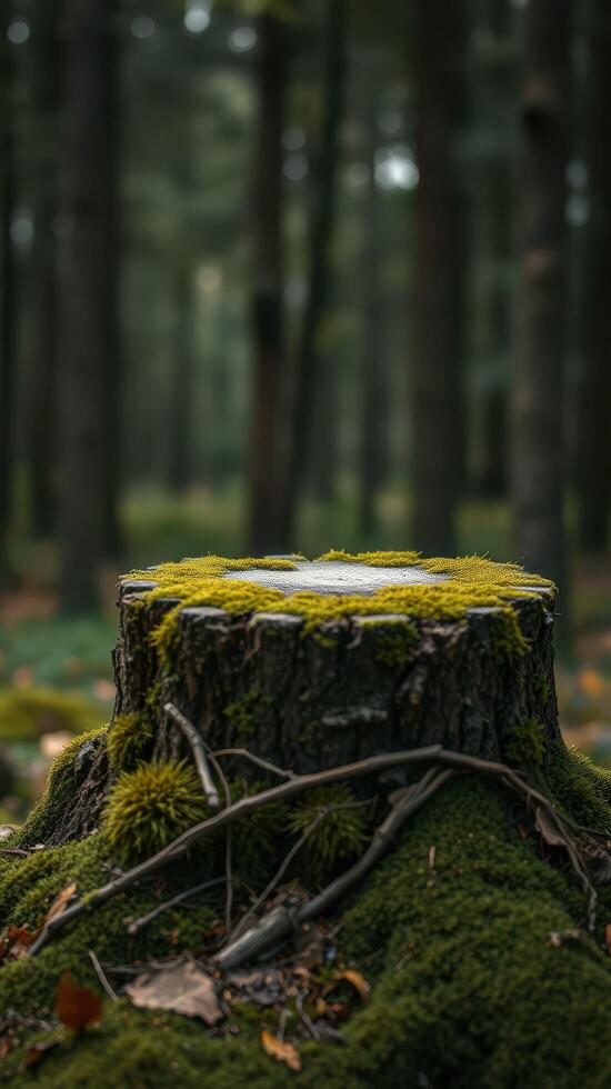 A stump in the forest with moss on it photo
