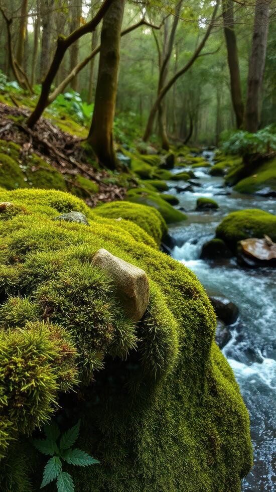 A stream running through a forest with mossy rocks photo
