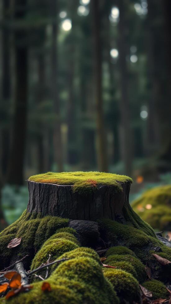 A moss covered stump in the middle of a forest photo