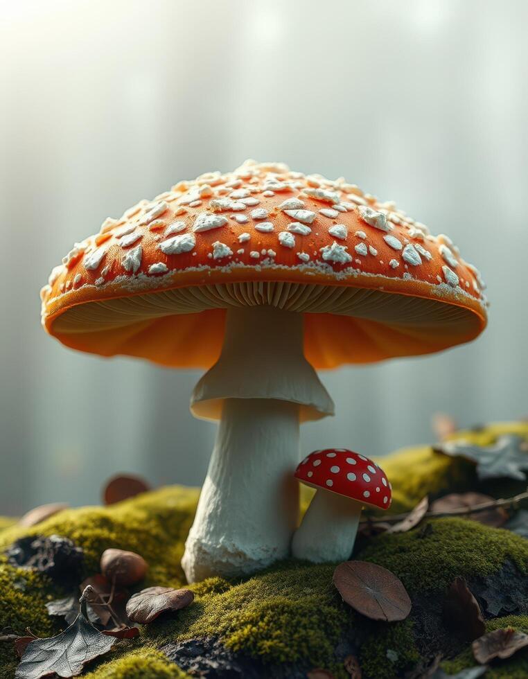 A mushroom with a red and white cap is sitting on top of a mossy ground photo