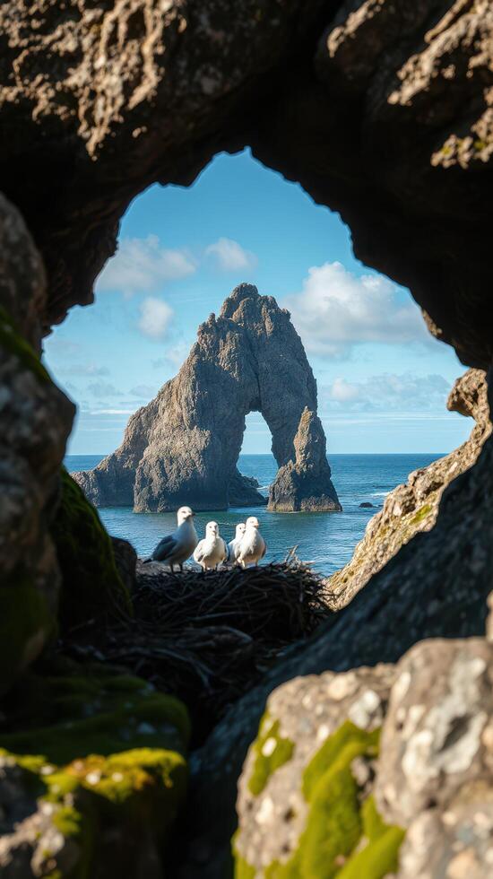 A view of the ocean from inside a rock tunnel photo