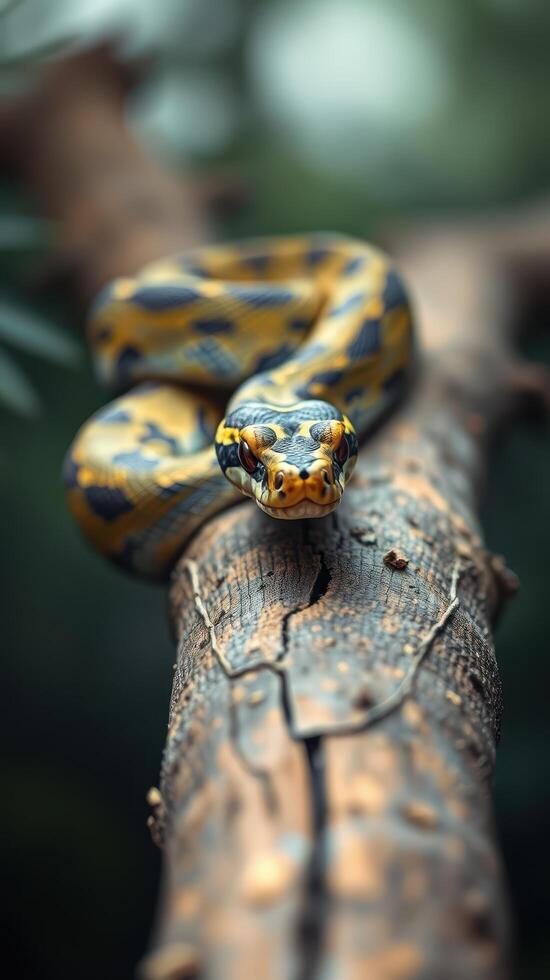 A yellow and black snake is sitting on a branch photo