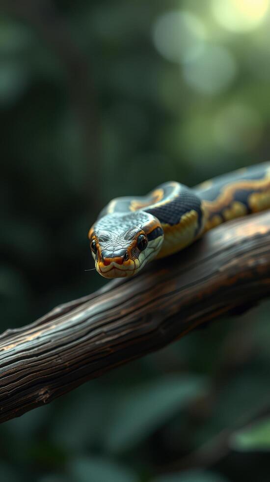 A snake is sitting on a branch in the forest photo