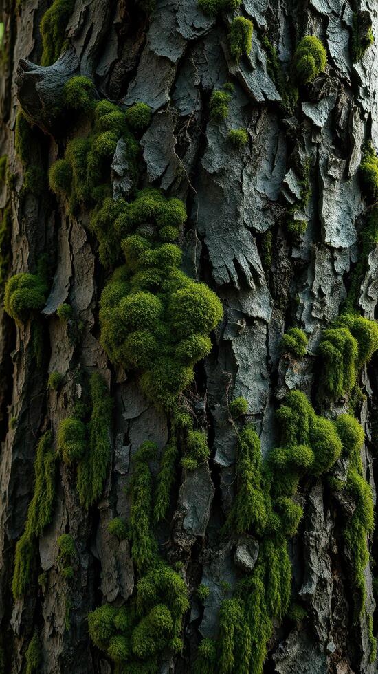 A close up of a tree trunk with moss growing on it photo
