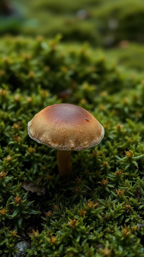 A mushroom is sitting on top of some moss photo