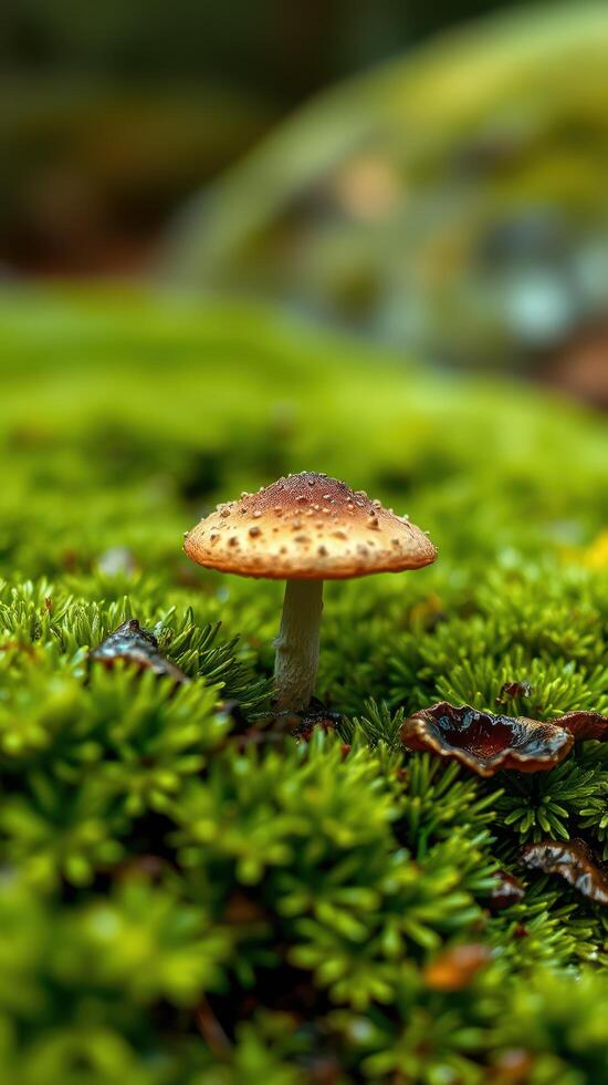 A small mushroom is standing on top of a moss covered ground photo