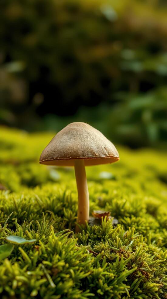 A mushroom is standing on top of a green mossy ground photo