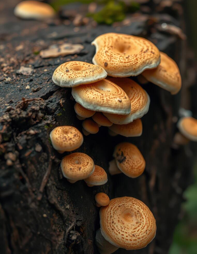 A group of mushrooms growing on a tree photo