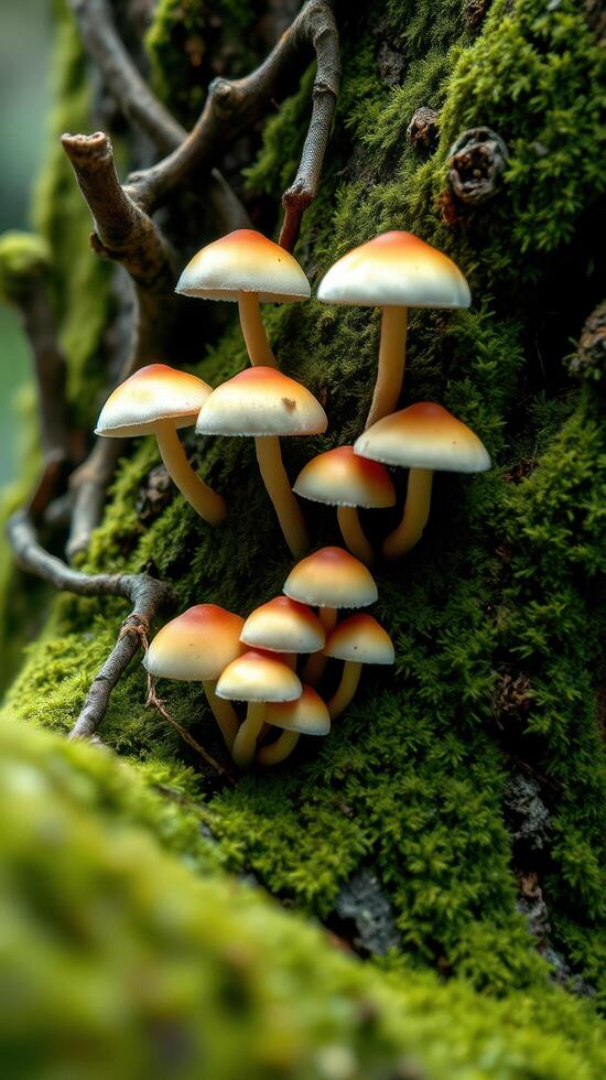 A group of mushrooms growing on a tree photo
