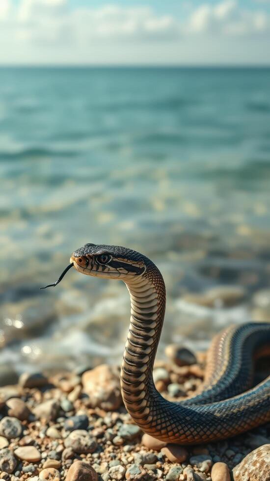 A snake on the beach with water in the background photo
