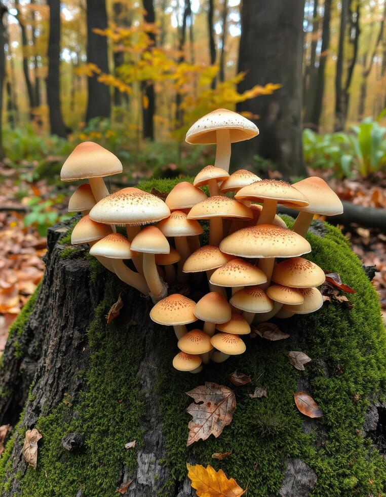 A group of mushrooms growing on a stump in the woods photo