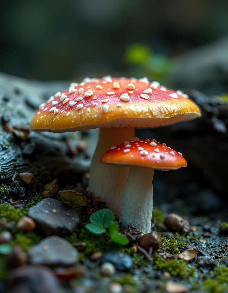 Two mushrooms are sitting on a rock photo