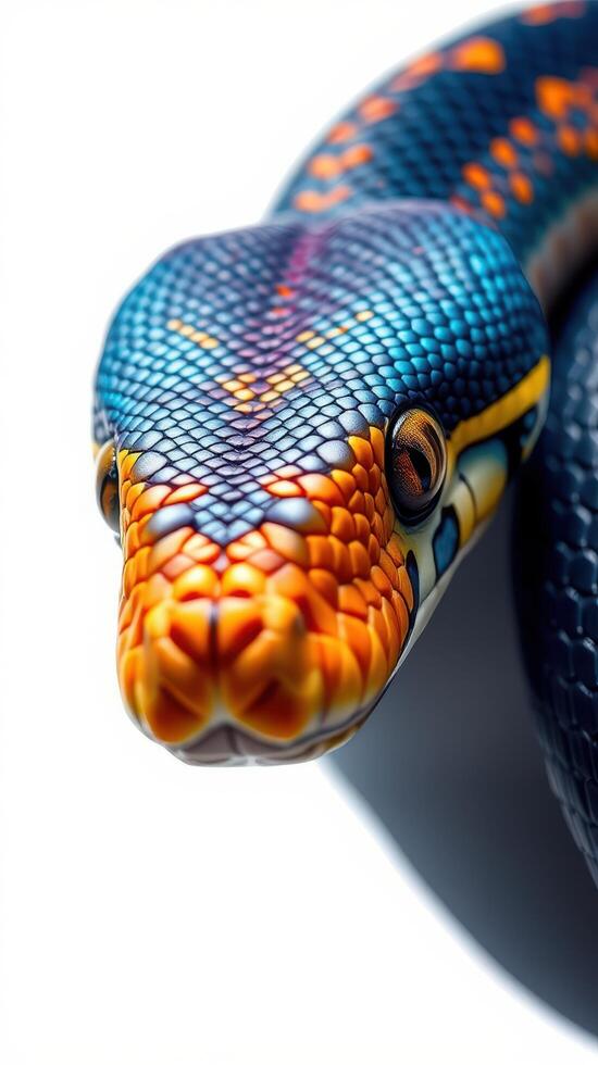 A colorful snake with a blue and orange pattern photo