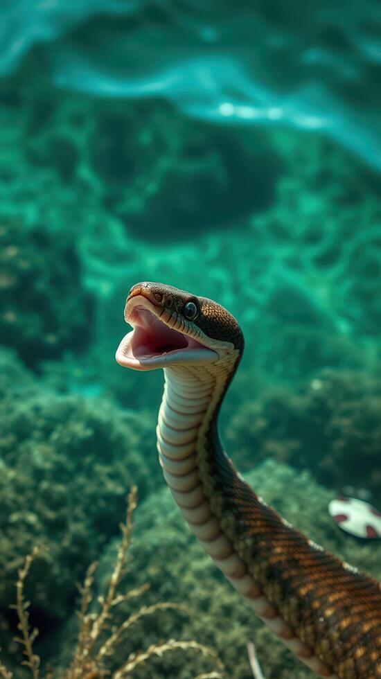 A snake with its mouth open in the water photo