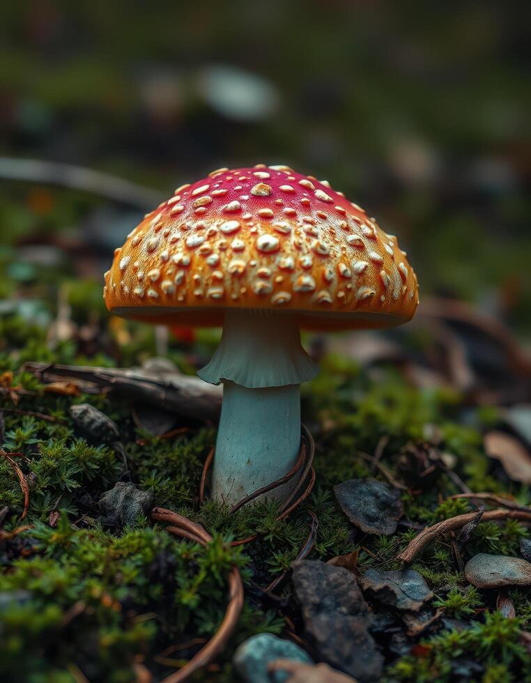 A red and white mushroom is sitting on the ground photo