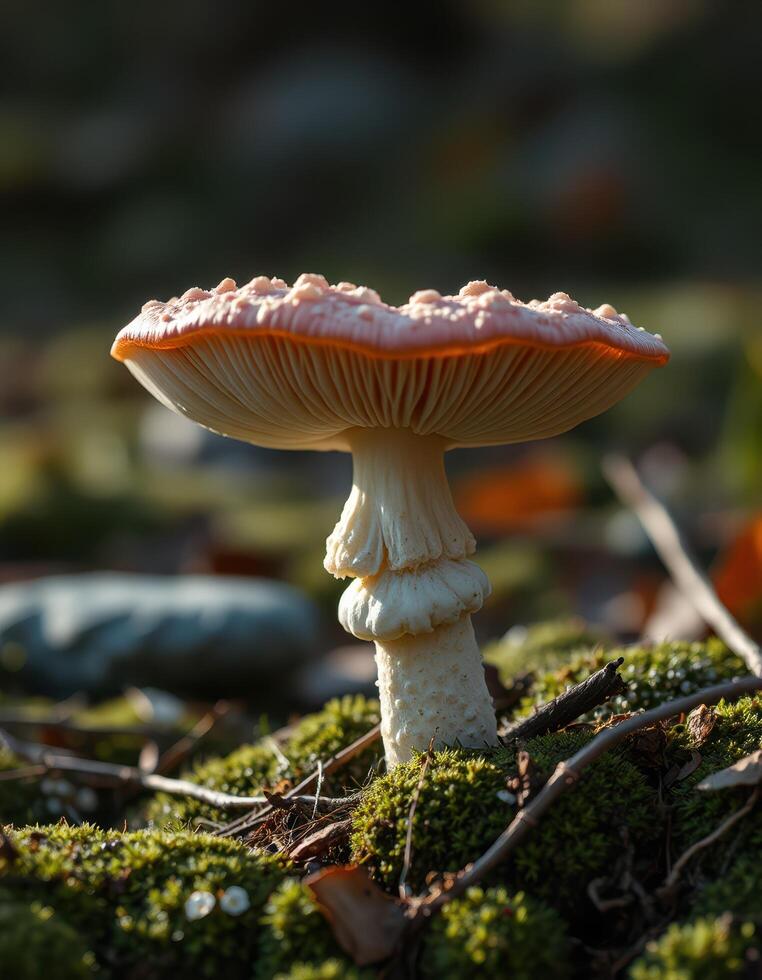 A mushroom that is on top of a moss covered ground photo
