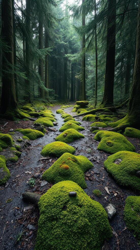 A mossy forest with trees and rocks photo