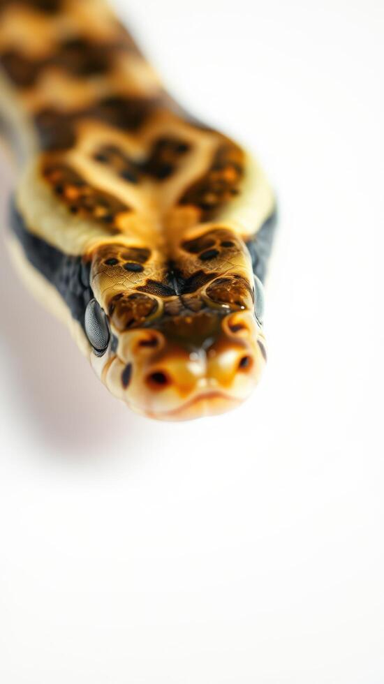 A close up of a snake's head on a white background photo