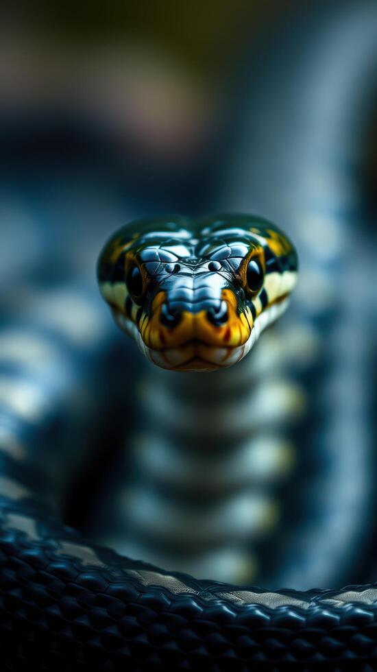 A close up of a snake's head with its eyes open photo