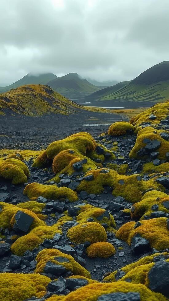 A field of yellow moss on the ground photo