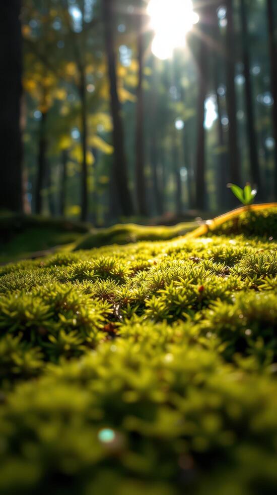A green mossy forest with sunlight shining through photo