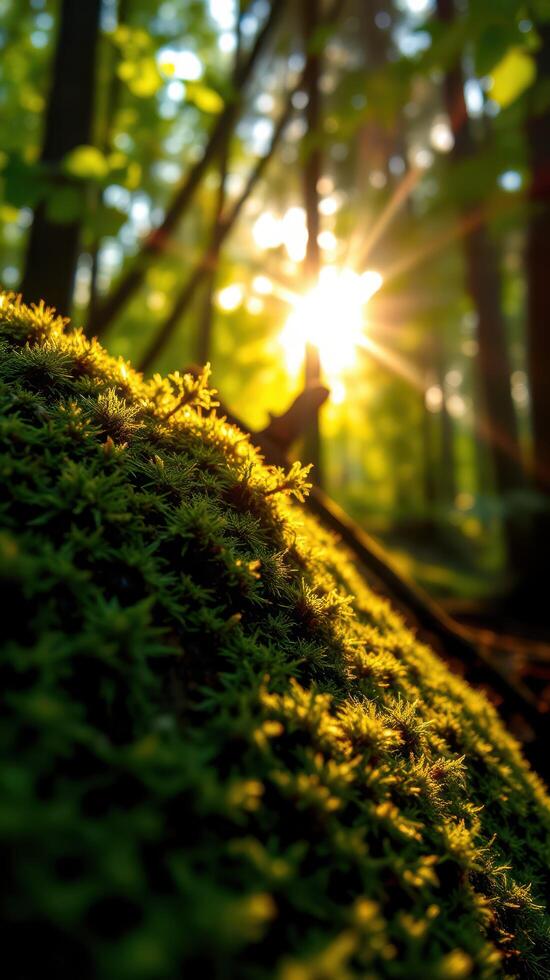 The sun shines through the trees in a forest photo