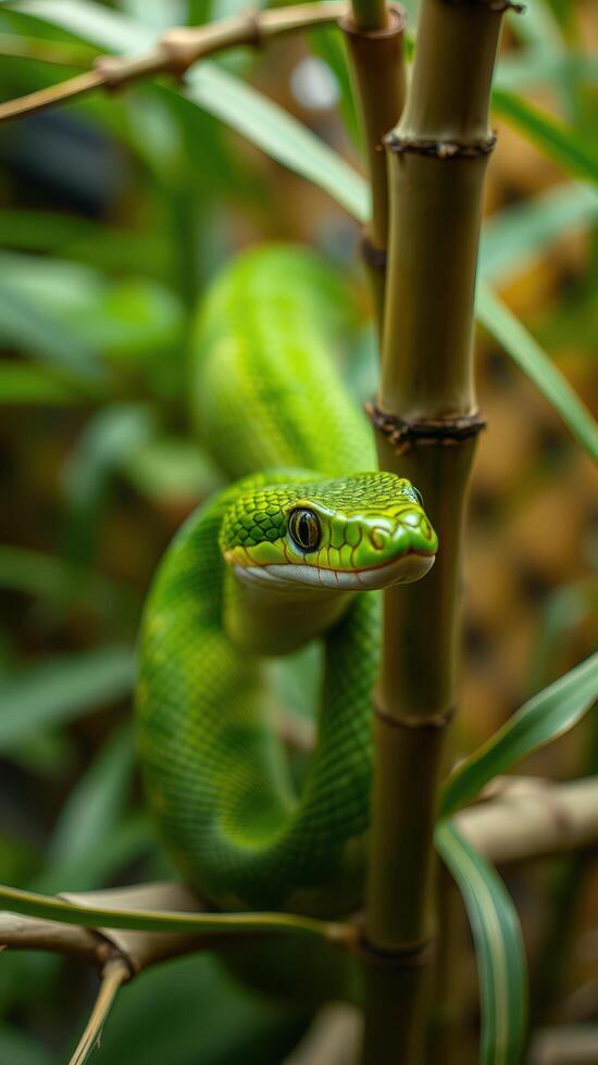 A green snake is sitting on a branch photo
