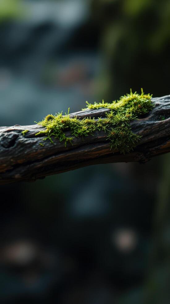 A moss covered branch is sitting on a branch photo