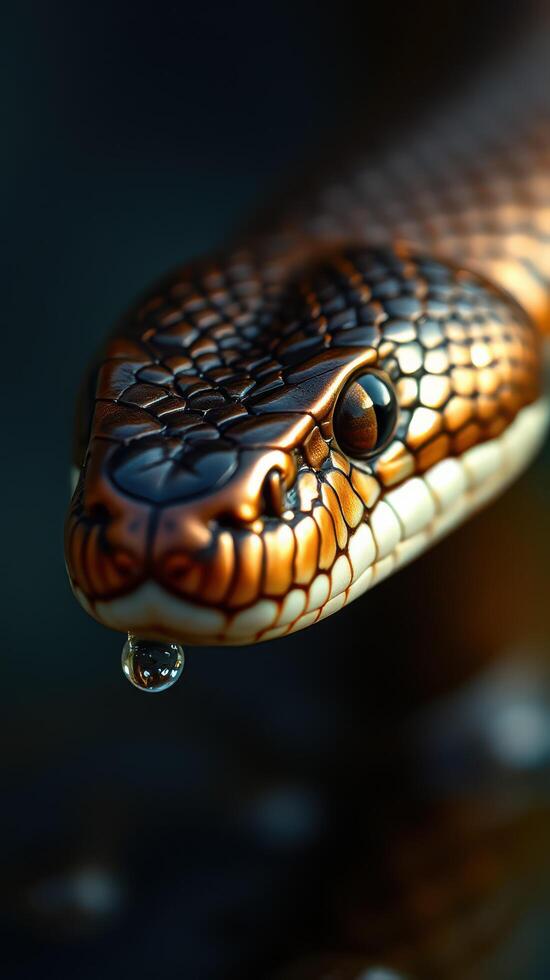 A close up of a snake with water droplets on its head photo