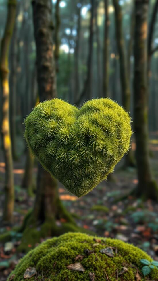 A green heart shaped moss ball in the forest photo
