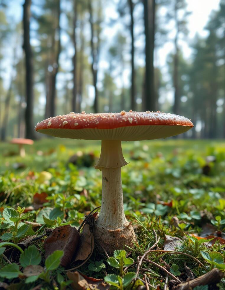 A mushroom is sitting on top of a green grassy field photo
