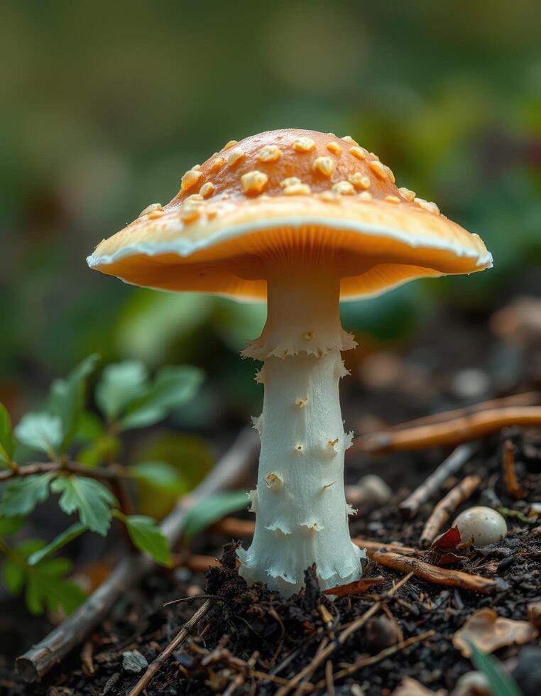 A mushroom with white and orange spots on it photo