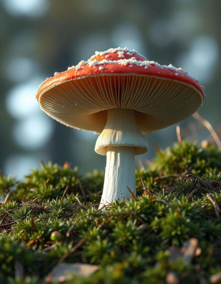 A red and white mushroom is sitting on top of a green grassy area photo